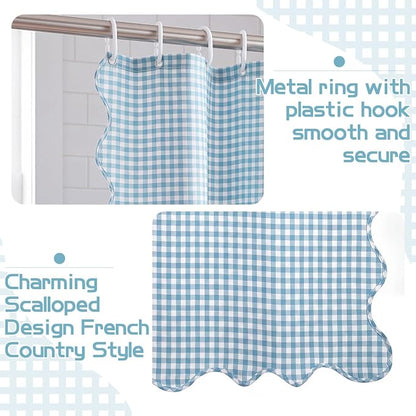 HunnmingRe Scalloped Gingham Shower Curtain Light Blue | 72'' x 72'' Vintage Farmhouse Curtain, Cotton Cottage Core Rural Checkered Plaid Decor, Fall Shower Curtain for Bathroom