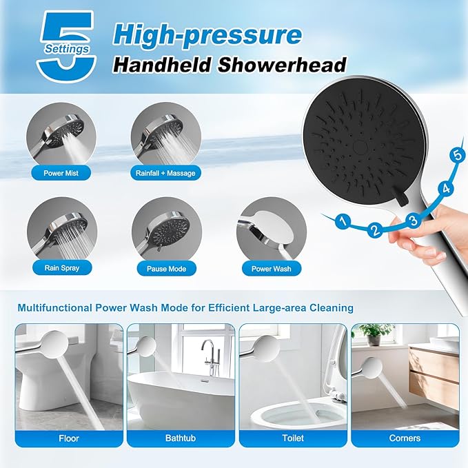 10" Rain Shower Head with Handheld/Extension Arm, Easy-Reach Holder, Chrome | High-Pressure Boosting Rainfall Showerhead with Metal Adjustable Extension Arm, 5-Spray Modes with Power Wash, Easy Install