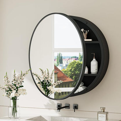 TokeShimi 26x26 Round Medicine Cabinet for Bathroom,Black Circle Bathroom Medicine Cabinet with Mirror,Surface Mount Only Detachable Shelves Circular Vanity Shatterproof Mirror with Storage