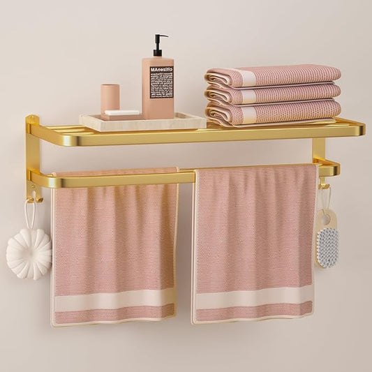 DDS-DUDES 23 Inch Gold Bathroom Towel Rack Towel Shelf with Double Towel Bars Lavatory Wall Mount Holder with Hooks Golden Stainless Steel Hotel Bath Rack