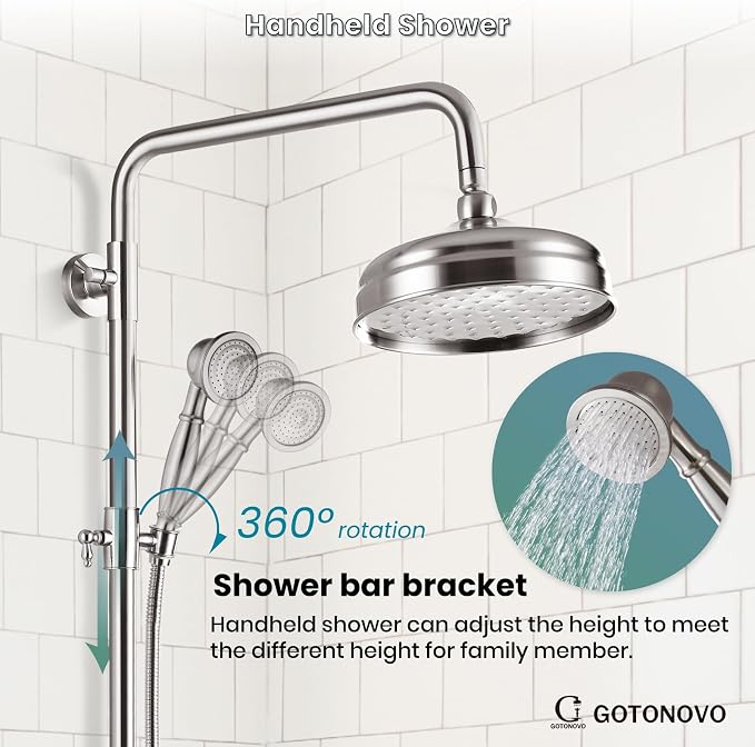 gotonovo Exposed Shower System Wall Mount,Brushed Nickel,Metal Handheld | 8” Rain Shower Head Faucet Set Fixtures,2 Function,Two Cross Handle,Height Adjustable,for 5-6.7" Hole,Indoor Victorian Retro