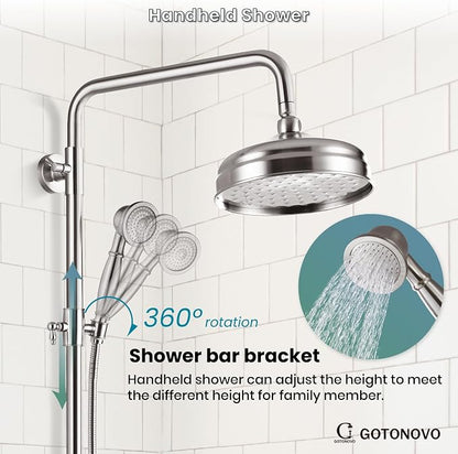 gotonovo Exposed Shower System Wall Mount,Brushed Nickel,Metal Handheld | 8” Rain Shower Head Faucet Set Fixtures,2 Function,Two Cross Handle,Height Adjustable,for 5-6.7" Hole,Indoor Victorian Retro