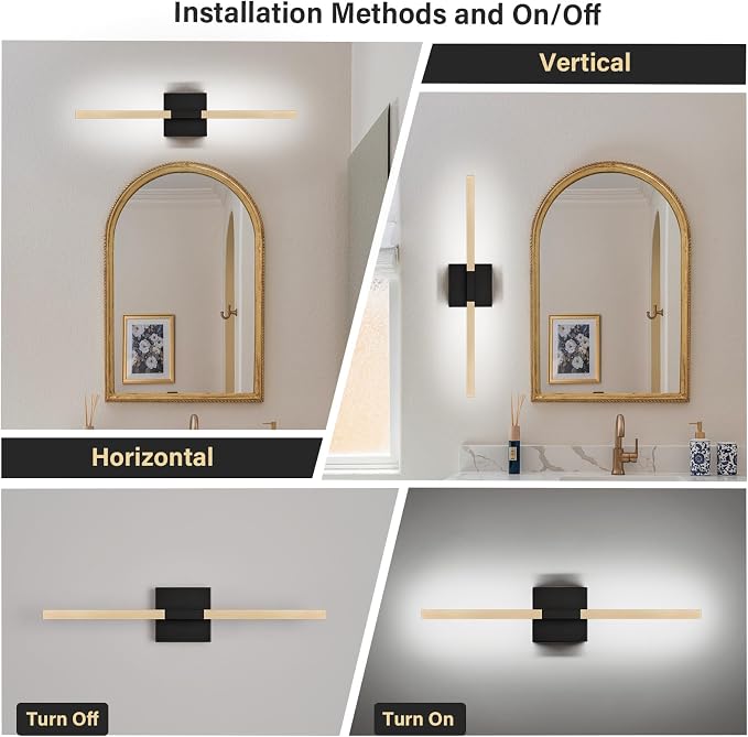 Black Gold Bathroom Vanity Light, 24 Inch LED Light Bar Over Mirror | Modern Bathroom Light Fixture Over Mirror for Vanity, 360° Rotatable Dimmable LED Wall Mounted Lighting, ETL Certified