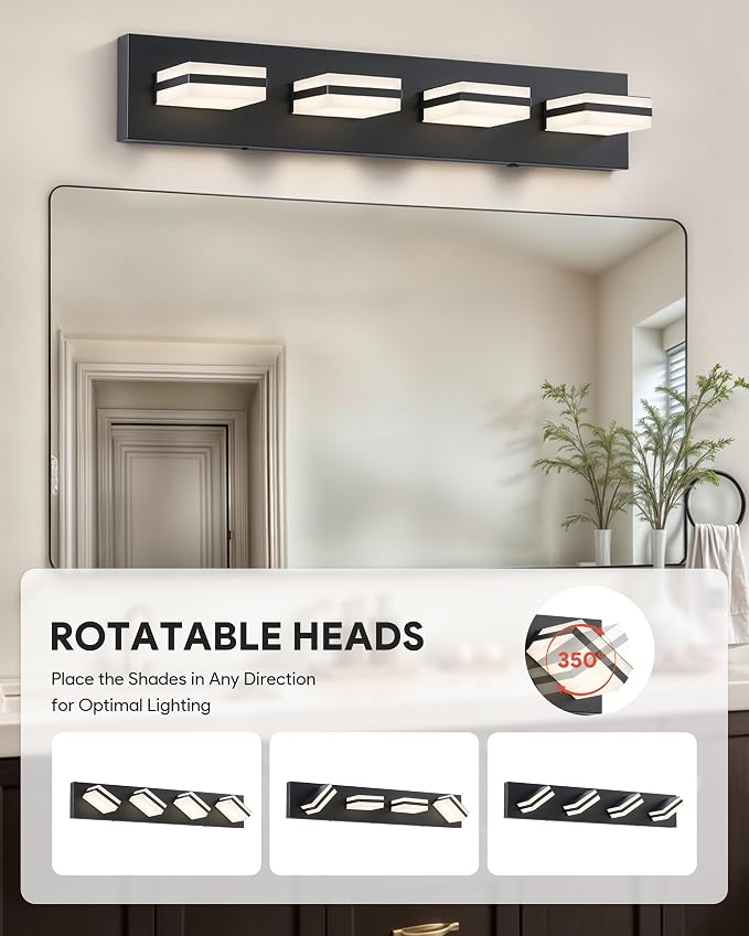 VONLUCE LED Modern Bathroom Vanity Light Fixture, Matte Black | 26'', 4-Light, 3CCT, 360° Rotate, High CRI, Flicker-free, Dimmable, Memory Function, Waterproof IP44, Easy Installation
