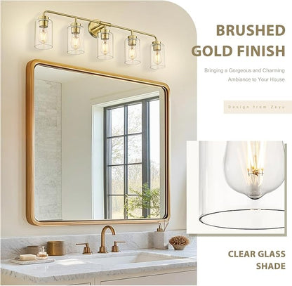 zeyu 5 Light Sconces Wall Lighting, 37 Inch Bathroom Vanity Light Fixtures, Brushed Gold Finish, Clear Glass Shade, ZS62B-5W BG