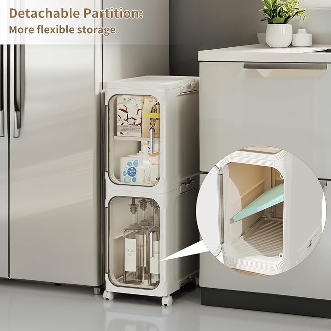 5-Tier Narrow Storage Cabinet Slim Bathroom Tall Skinny Organizer，Beige | Foldable Storage Cabinet with Lockable Rolling Wheels Magnetic Clear Door Adjustable Detachable Shelves For Narrow Space