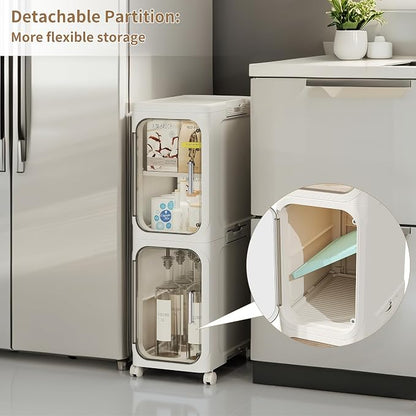 4-Tier Narrow Storage Cabinet Slim Bathroom Tall Skinny Organizer,Beige | Foldable Storage Cabinet with Lockable Rolling Wheels Magnetic Clear Door Adjustable Detachable Shelves For Narrow Space
