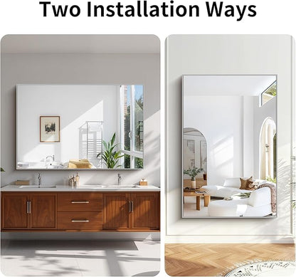 KOCUUY Silver Bathroom Mirror, 60"x40" Large Rectangle Bathroom Mirror for Wall, HD Tempered Glass, Anti-Rust Brushed Silver Frame, Modern Design for Bathroom, Bedroom, Hang Horizontal/Vertical
