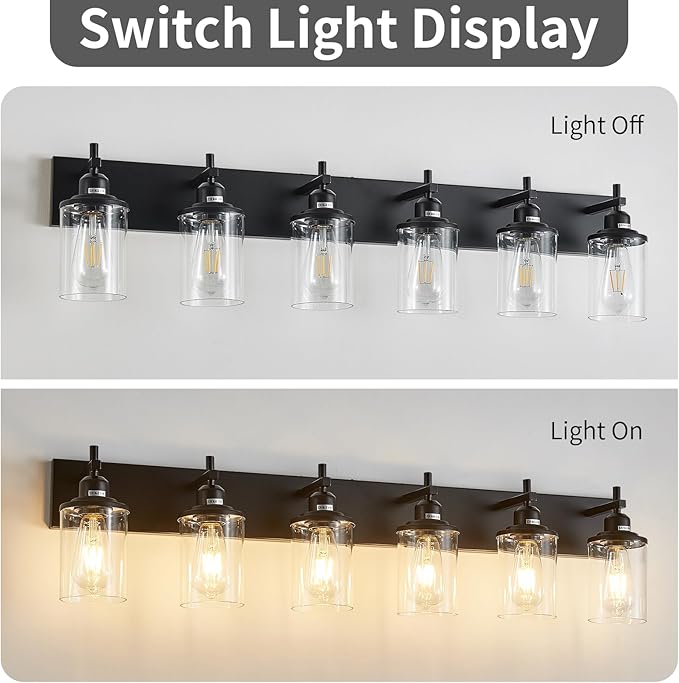 6-Light Black Bathroom Light Fixture Over Mirror Modern Farmhouse Bathroom Vanity Light Vintage Wall Lighting with Clear Glass Shade for Bathroom, Bedroom, Hallway, Cabinet