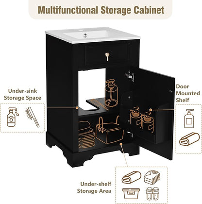 Merax Modern 20'' Bathroom Vanity with Single Sink Combo, Solid Wood Bathroom Storage Cabinet with Soft Close Door & Adjustable Shelf, Freestanding Vanities Set with Door-Mounted Storage Rack, Black