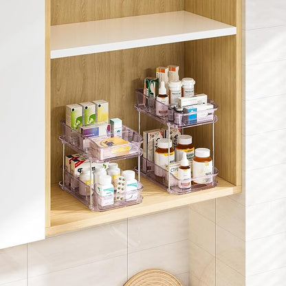 Delamu 2-Tier Under Sink Organizers and Storage, Multi-Purpose Stackable Bathroom Cabinet organizers, Pull Out Kitchen Pantry Organization and Storage with Dividers(2 Pack, Purple)