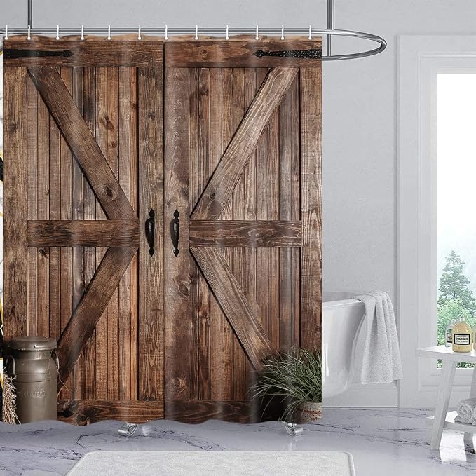Rustic Barn Door Shower Curtain for Bathroom, Retro Countryside Wood Board Bathroom Decor Curtain Sets,Art Vintage Extra Long Famhouse Western Bath Curtains RV Bath Curtains with Hooks 72X84INch