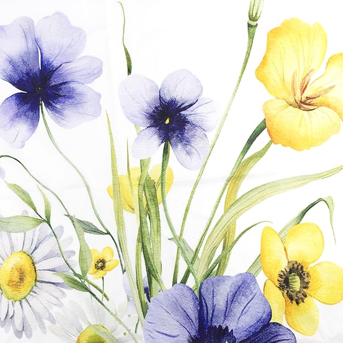 HVEST Floral Blue and Yellow Shower Curtain with Hooks, Spring Flower and Butterfly on White Shower Curtains for Bathroom Decor Rustic Wildflower Nature Plant Shower Curtain Set, 72L X 72W inches