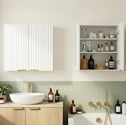ChooChoo Bathroom Wall Cabinet, Laundry Room Cabinet with 2 Fluted Doors | Kitchen Storage Cupboard Cabinet with Adjustable Shelf, Fluted Wall-Mounted Medicine Cabinet for Kitchen, Garage, White