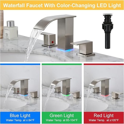 Brushed Nickel Bathroom Sink Faucet 3 Hole, Widespread Vanity faucets with LED Waterfall Modern 3 Hole Faucet for Bathroom Sink pop-up Drain Touch on 2 Handle (Brushed Nickel)