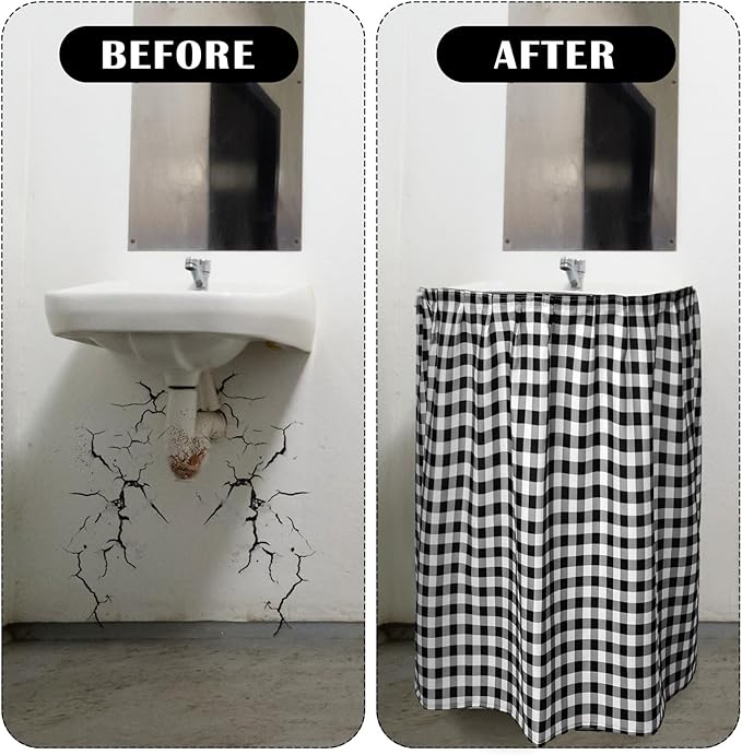Fabric Sink Skirt Diamond Bathroom Stitch Self Stick Adhesive Waterproof Fabric Under Sink Curtain Skirt 55 x 32 Inch Adds Bathroom Storage(Black and White,Classic Style)