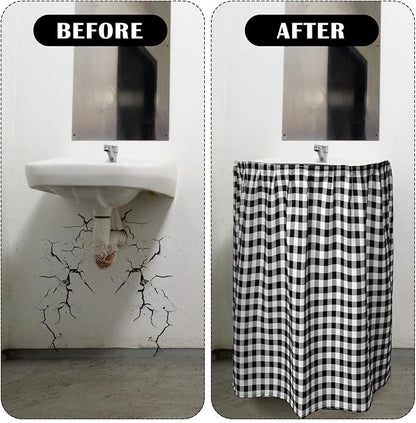Fabric Sink Skirt Diamond Bathroom Stitch Self Stick Adhesive Waterproof Fabric Under Sink Curtain Skirt 55 x 32 Inch Adds Bathroom Storage(Black and White,Classic Style)