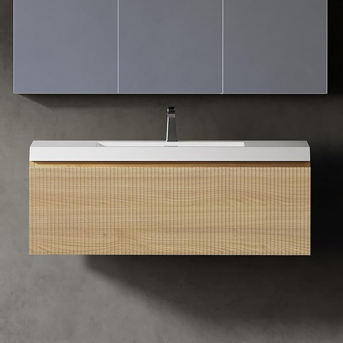 36'' Floating Bathroom Vanity with Sink Combo, Modern Wall-Mounted Striped Bathroom Storage Cabinet with Soft-Close Drawer and Glossy White Solid Surface Basin, No Assembly Required, Natural Oak