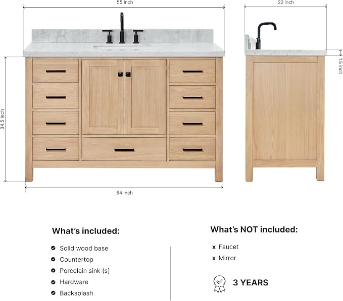 DKB Beckford 54-Inch Oak Bathroom Vanity with Sink, 1.5" Edge Carrara White Marble Countertop & 4" Backsplash, 2 Soft Closing Doors, 9 Dovetail Drawers, Matte Black Hardware