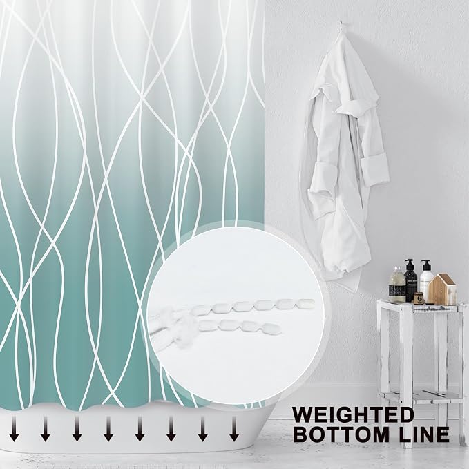 Striped Shower Curtain for Bathroom, Ombre Teal, 72" W x 72" L | with Hooks, Modern Hotel Style, Water Repellent, Washable, Weighted Hem