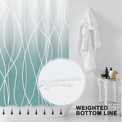 Striped Shower Curtain for Bathroom, Ombre Teal, 72" W x 72" L | with Hooks, Modern Hotel Style, Water Repellent, Washable, Weighted Hem