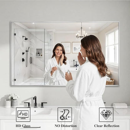 Koonmi Silver Rectangle Wall Mirror, 30x55 Inch Bathroom Mirror, Aluminum Frame Vanity Mirror for Entryway, Living Room, Bedroom Bathroom, Hangs Horizontally or Vertically