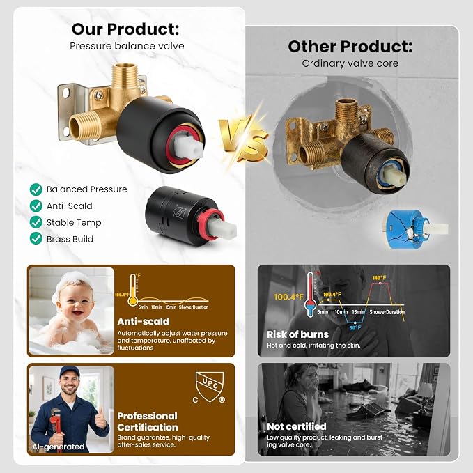 gotonovo Shower Faucet Set with Valve Kit 6 Mode Handheld Matte Black | Bathroom Shower Head and Handle Set,6 Modes ABS Handheld Spray,Pressure Balance Valve and Trim Kit Complete,Single-Handle