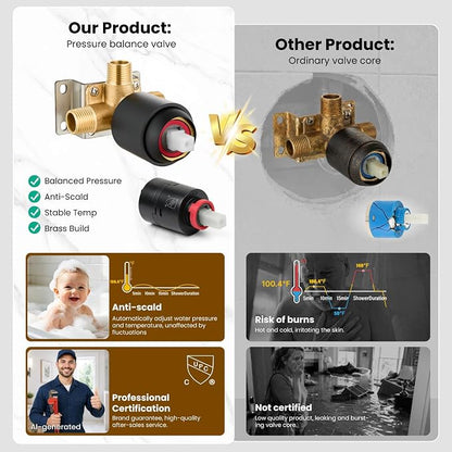 gotonovo Shower Faucet Set with Valve Kit 6 Mode Handheld Matte Black | Bathroom Shower Head and Handle Set,6 Modes ABS Handheld Spray,Pressure Balance Valve and Trim Kit Complete,Single-Handle