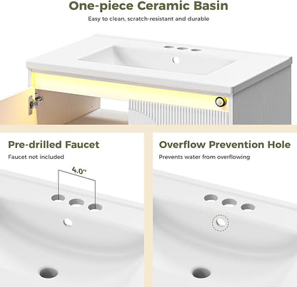 IRONCK Floating Bathroom Vanity with Sink, Mirror Medicine Cabinet, LED Strip Light, 30 Inches Modern Wall Mounted Sink Cabinets & Mirror Cabinets Set with Large Storage Space, White