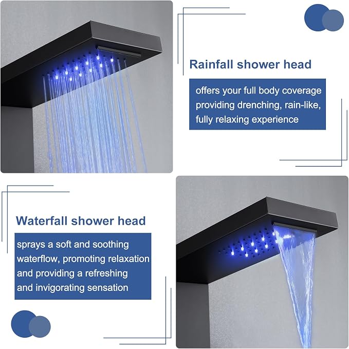 ROVATE 5-in-1 LED Rainfall Waterfall Shower Panel Tower System Matte Black | No Battery Needed Digital Temperature Display, Powerful Body Massage Jets, Flexible Handheld and Tub Spout, Blue LED Knob