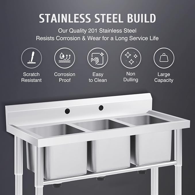 NSF Stainless Steel 3 Compartment Commercial Sink 11x10x10 Inch Basins, Kitche Station Utility Sink for Restaurant Bar Home Laundry Room Garage