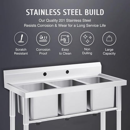NSF Stainless Steel 3 Compartment Commercial Sink 11x10x10 Inch Basins, Kitche Station Utility Sink for Restaurant Bar Home Laundry Room Garage