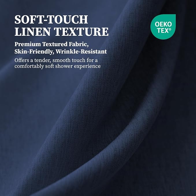 180x72 Linen Textured Waterproof Fabric Shower Curtain Set, Navy Blue | Clawfoot Tub Size, 230GSM Polyester, Heavy Duty Cloth, Weighted Hem, 32 Plastic Hooks, Modern Hotel Style, Machine Washable