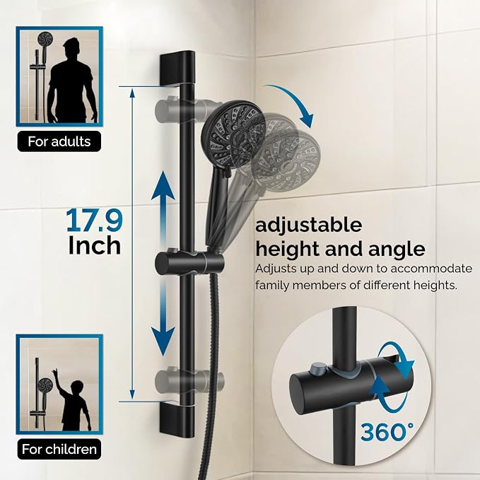 gotonovo Slide Bar Shower System Faucet Set Complete,Matte Black,12 Inch | Rain Round Shower Head with 6-Modes Handheld Spray,Valve and Trim Kit Included,Bathroom Wall Mount,All Metal,2-In-1 Diverter
