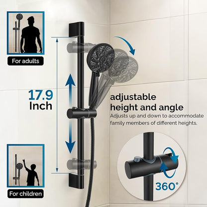 gotonovo Slide Bar Shower System Faucet Set Complete,Matte Black,12 Inch | Rain Round Shower Head with 6-Modes Handheld Spray,Valve and Trim Kit Included,Bathroom Wall Mount,All Metal,2-In-1 Diverter