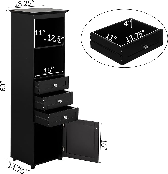 Basicwise Freestanding Storage Cabinet with Shelves Drawers & Door Linen Tower Organizer for Towels Toiletries and Essentials Floor Standing Cupboard for Bathroom Bedroom or Laundry Room, Black