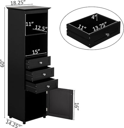 Basicwise Freestanding Storage Cabinet with Shelves Drawers & Door Linen Tower Organizer for Towels Toiletries and Essentials Floor Standing Cupboard for Bathroom Bedroom or Laundry Room, Black