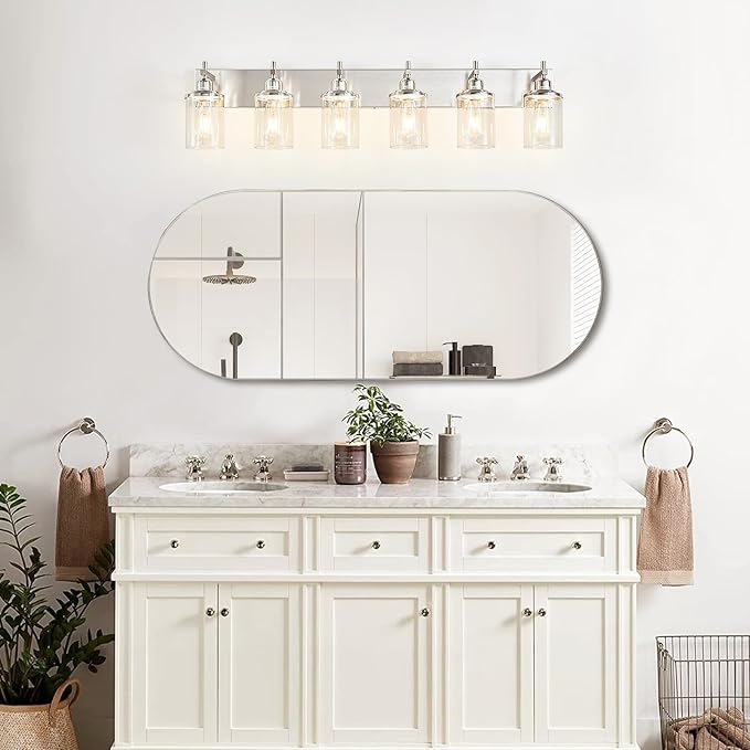 6-Light Brushed Nickel Bathroom Light Fixture Over Mirror Modern Bathroom Vanity Light Vintage Wall Lighting with Clear Glass Shade for Bathroom, Bedroom, Hallway, Cabinet
