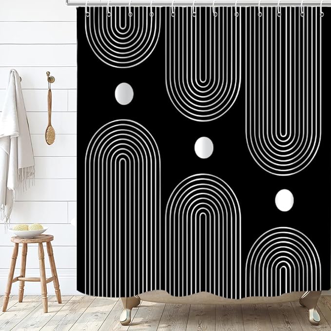 Black and White Extra Long Shower Curtain, Boho Minimalist Mid Century Modern Arch Geometric Machine Washable Waterproof Fabric for Bathroom Bathtub with Hooks 72Wx78H