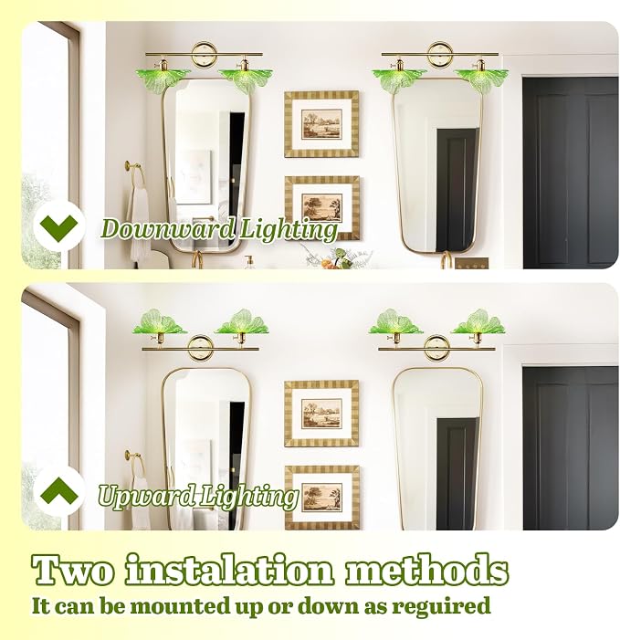 2 Light Vintage Wall Sconces with Glass Shades,Vanity Light,Bathroom Light,Wall Lighting Fixture for Mirror,Home Decor Art Wall Light (Golden+Green, 2-Lights)