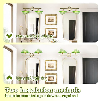 2 Light Vintage Wall Sconces with Glass Shades,Vanity Light,Bathroom Light,Wall Lighting Fixture for Mirror,Home Decor Art Wall Light (Golden+Green, 2-Lights)