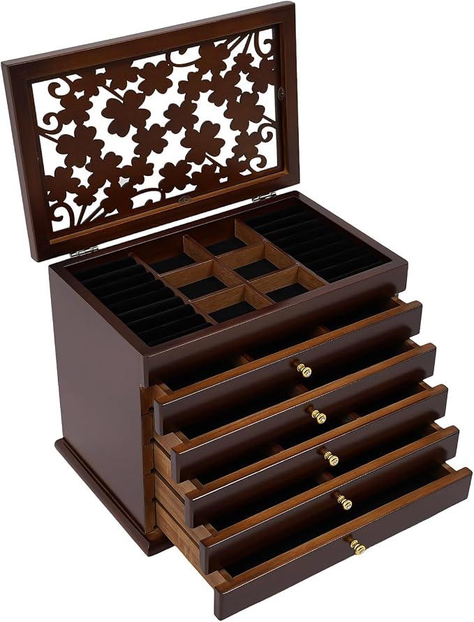 Extra Large Four-Leaf Carved 6 Layers Wooden Jewelry Box Jewelry Case Cabinet Armoire Ring Necklacel Gift Storage Box Organizer (Brown)