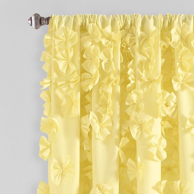 Lush Decor Riley Light Filtering Window Curtain Panel, Single 54" W x 63" L, Yellow - Cute Yellow Curtains for Bedroom - Bow Decor - Coquette Curtains for Windows