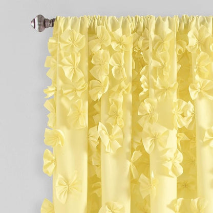 Lush Decor Riley Light Filtering Window Curtain Panel, Single 54" W x 63" L, Yellow - Cute Yellow Curtains for Bedroom - Bow Decor - Coquette Curtains for Windows