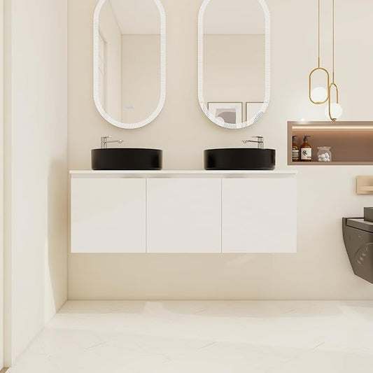 48 Inch Bathroom Vanity with Sink, 48" Floating Bathroom Vanity with Double Vessel Sinks, Modern Wall Mounted Cabinet Set, White Storage Cabinet with 3 Soft Close Doors and 2 Black Ceramic Basin Sinks