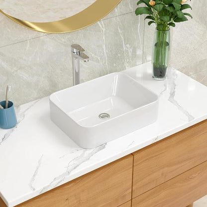 Lordear Bathroom Sink With Faucet Combo 19"x15" Rectangle Vessel Sink With Chrome Faucet Modern Above White Porcelain Ceramic Vessel Vanity Sink Art Basin& Chrome Single Lever Faucet