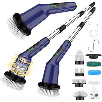 Electric Spin Scrubber for Bathroom, Shower Scrubber with Long Handle | Shower Cleaner Brushes, IPX7 Waterproof & 2 Speed, 8 Brush Heads, 90min Runtime, Bathroom Cleaning Supplies for Toilet Tub