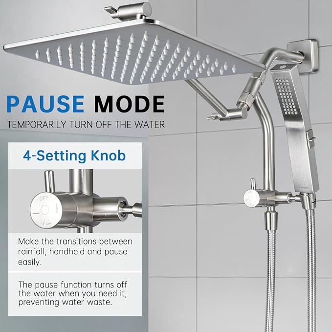 G-Promise 12 Inch All Metal Rain Shower Head with Handheld (Brushed Nickel) | Full Body Coverage, Pause Mode Diverter, Power Wash Mode Handheld, Suits Every Height, Easy to Install, Modern Bath Upgrade