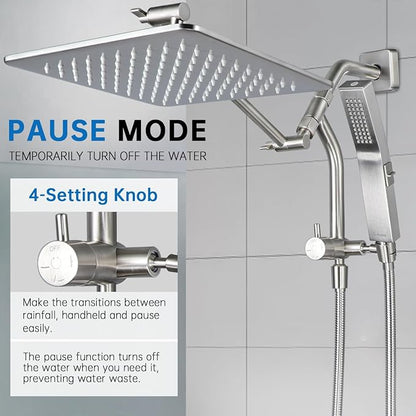 G-Promise 12 Inch All Metal Rain Shower Head with Handheld (Brushed Nickel) | Full Body Coverage, Pause Mode Diverter, Power Wash Mode Handheld, Suits Every Height, Easy to Install, Modern Bath Upgrade