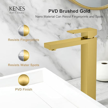 KENES Brushed Gold Tall Bathroom Faucet, Single Handle Vessel Sink Faucet Gold Vanity Bathroom Faucet with Supply Lines and Pop Up Sink Drain, LJ-9031A-4